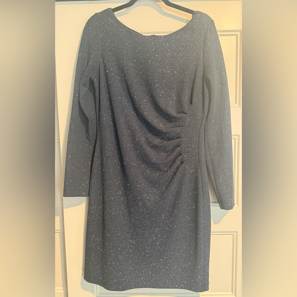 Eliza J Steel Blue Sparkle Long Sleeve Ruched Cocktail Dress